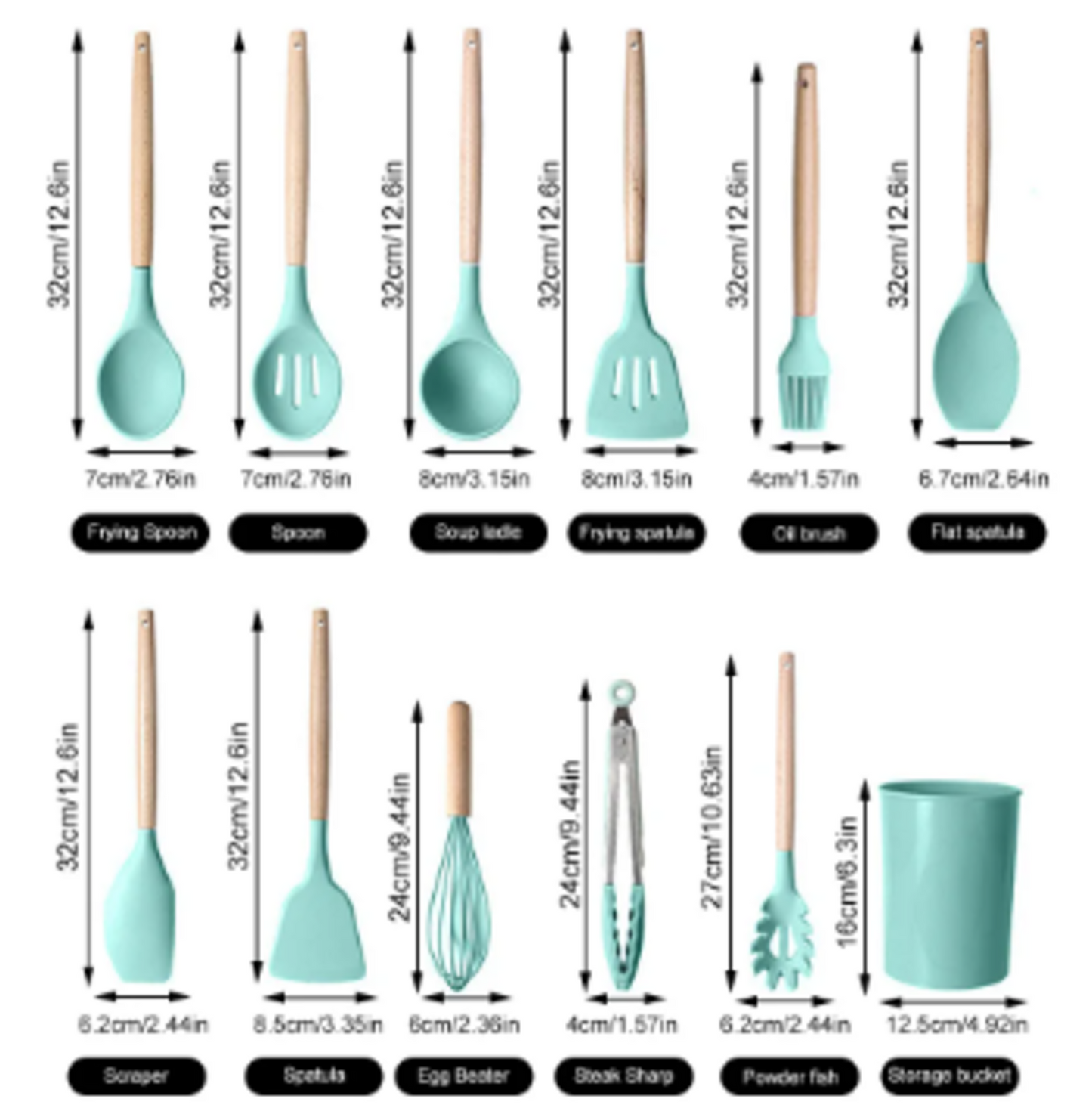 Utensilios de cocina de silicona con mango de madera, 12 piezas,