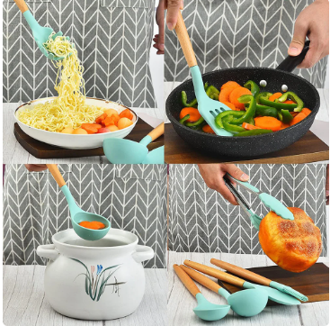 Utensilios de cocina de silicona con mango de madera, 12 piezas,