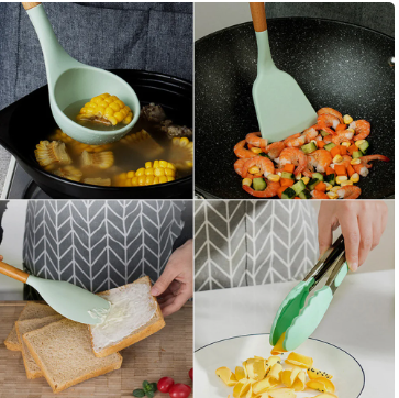 Utensilios de cocina de silicona con mango de madera, 12 piezas,