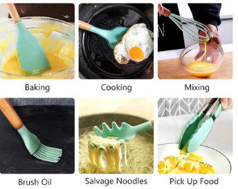 Utensilios de cocina de silicona con mango de madera, 12 piezas,