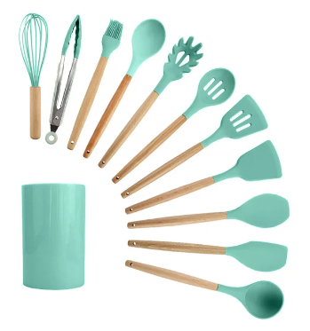 Utensilios de cocina de silicona con mango de madera, 12 piezas,