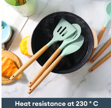 Utensilios de cocina de silicona con mango de madera, 12 piezas,