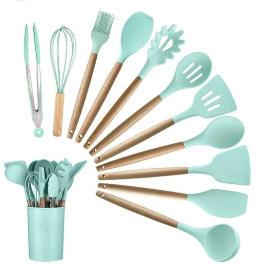 Utensilios de cocina de silicona con mango de madera, 12 piezas,